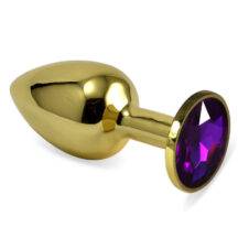 Анальная пробка LoveToys Butt Plug S с фиолетовым кристаллом, золотая