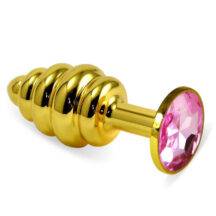Анальная пробка ребристая LoveToys Butt Plug с розовым кристаллом, золотая