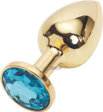 Анальная пробка LoveToys Butt Plug S с голубым кристаллом, золотая