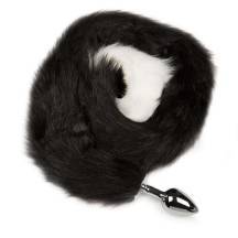 Анальная пробка Пикантные Штучки с чёрно-белым длинным хвостом, серебристая, 6 см