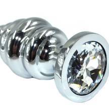 Анальная пробка ребристая Kanikule Medium, серебристая с бесцветным кристаллом 