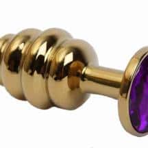 Анальная пробка ребристая 4sexdream 8.2 см, золотистая с фиолетовым кристаллом