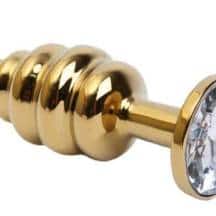 Анальная пробка ребристая 4sexdream 8.2 см, золотистая с бесцветным кристаллом