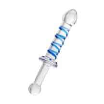 Двусторонний стеклянный фаллоимитатор Sexus Glass с синей спиралью, бесцветный. Нет в наличии Двусторонний стеклянный фаллоимитатор Sexus Glass с синей спиралью, бесцветный