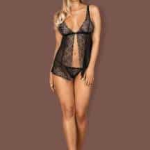 Кружевной прозрачный бебидолл и трусики-стринги черного цвета Firella Obsessive, L/XL