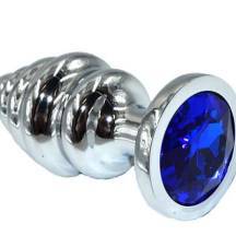 Анальная пробка ребристая Kanikule Medium, серебристая с синим кристаллом 