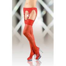 Матовые чулки с кружевной резинкой и поясом, красные - L. Нет в наличии Матовые чулки с кружевной резинкой и поясом, красные - L