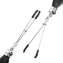 Зажимы на соски «вилки» с кисточками из шелка Pecado BDSM, металл, черный