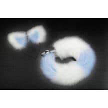 Анальная пробка Пикантные Штучки с бело-голубым хвостом и ушками, серебристая, 7 см
