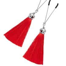 Зажимы на соски «вилки» с кисточками из шелка Pecado BDSM, металл, красный