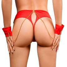 Бесшовные трусики-танга с цепочкой и наручниками Amor El L, красные