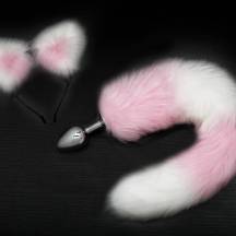 Анальная пробка Пикантные Штучки с бело-розовым хвостом и ушками, серебристая, 7 см