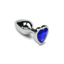 Маленькая анальная пробка Пикантные Штучки с синим кристаллом в виде сердечка, серебристая, 6 см