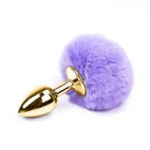 Анальная пробка Пикантные Штучки с фиолетовым пушистым хвостом, золотистая, 6 см