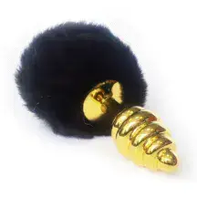Анальная пробка LoveToys Butt Plug S с черным хвостом ребристая, золотая