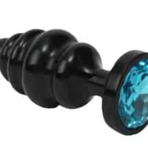 Анальная пробка ребристая 4sexdream 8.2 см, черная с голубым кристаллом