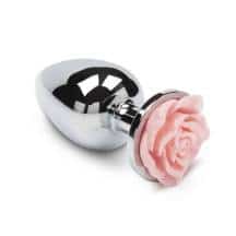 Большая анальная пробка Пикантные Штучки с розочкой, серебристая, розовая, 8.5 см
