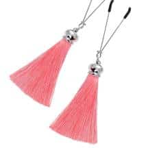 Зажимы на соски «вилки» с кисточками из шелка Pecado BDSM, металл, розовый