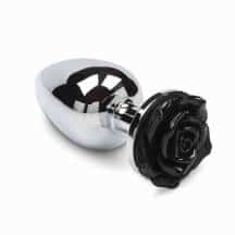 Большая анальная пробка Пикантные Штучки с розочкой, серебристая, чёрная, 8.5 см