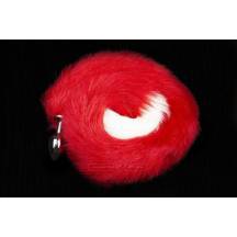 Анальная пробка Пикантные Штучки с красно-белым длинным хвостом, серебристая, 6 см