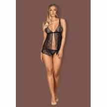 Кружевной прозрачный бебидолл и трусики-стринги черного цвета Firella Obsessive, L/XL