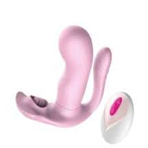 Вибратор для ношения с вагинальным и анальным отростком Secwell SW1001 с пультом ДУ, розовый