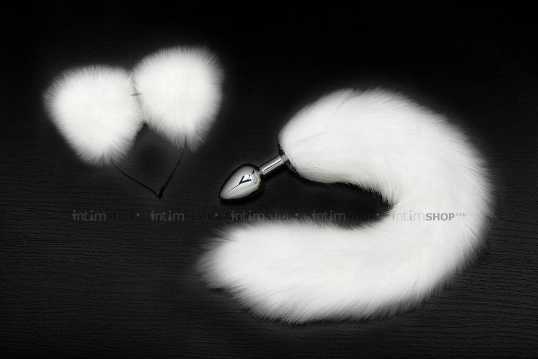 Анальная пробка Пикантные Штучки с белым хвостом и ушками, серебристая, 7 см