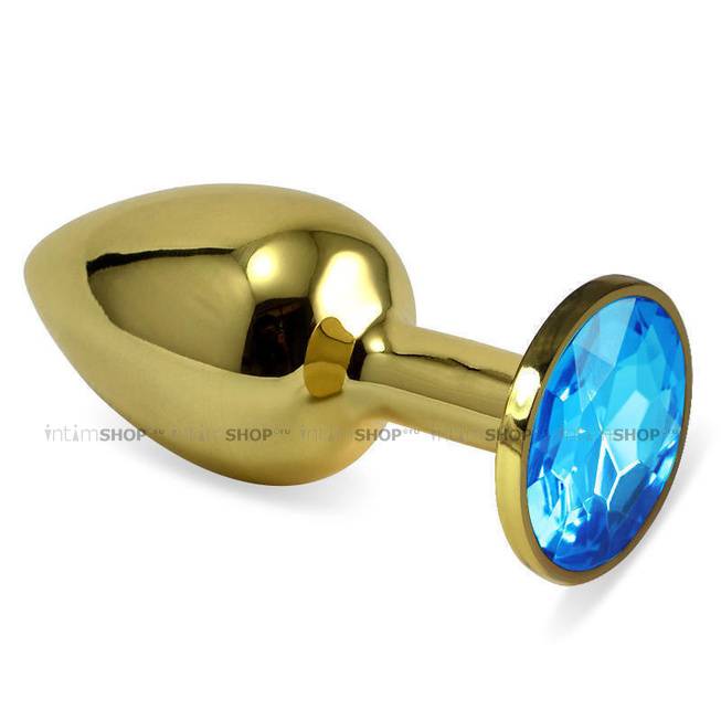 Анальная пробка LoveToys Butt Plug S с голубым кристаллом, золотая