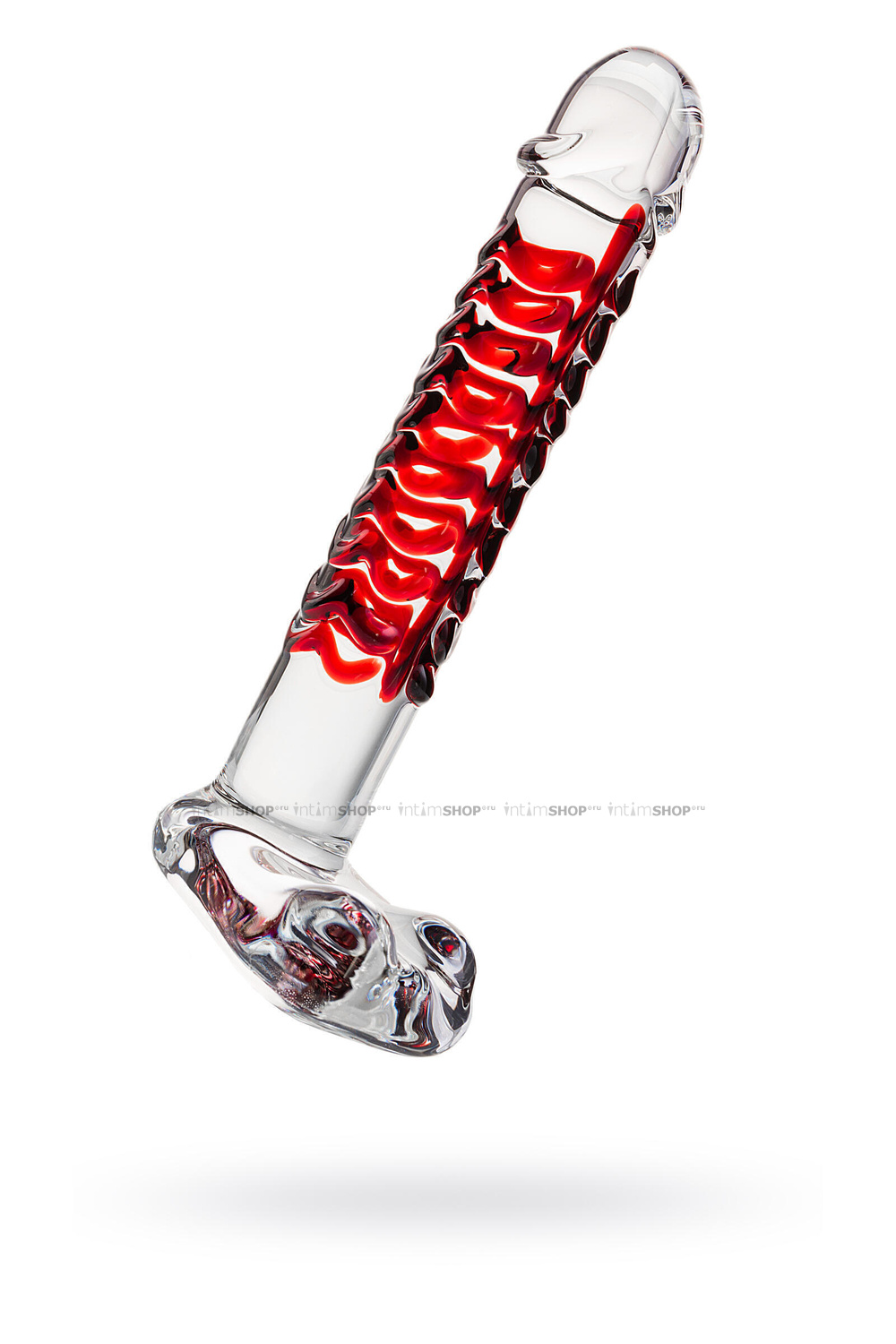 Фаллоимитатор Sexus Glass с красной ребристой поверхностью, бесцветный, 16 см