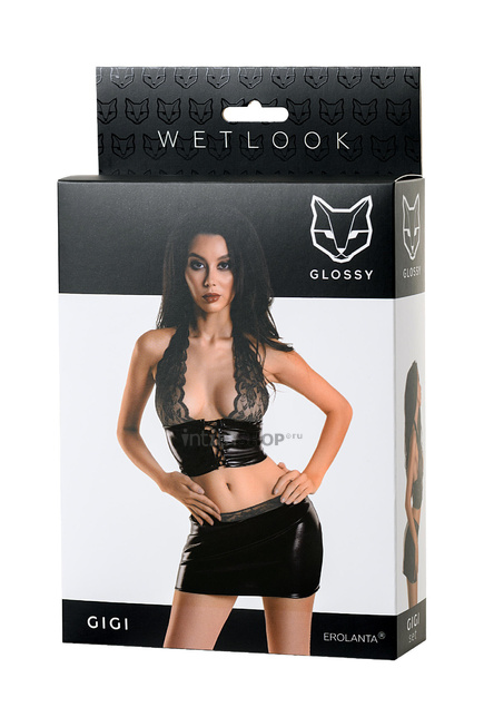 Топ и юбка Glossy Gigi из материала Wetlook, черный, L от IntimShop