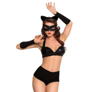 Костюм кошечки SoftLine Collection Catwoman (бюстгальтер, шортики, головной убор, маска и перчатки), чёрный, S