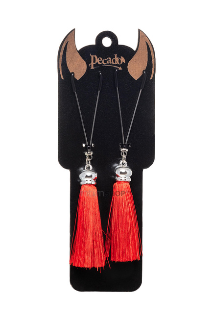Зажимы на соски «вилки» с кисточками из шелка Pecado BDSM, металл, красный - фото 2
