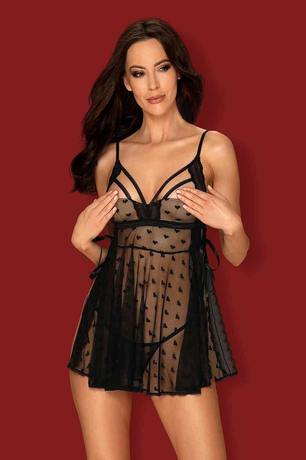 Сорочка Obsessive Heartia babydoll, Чёрный, L/XL