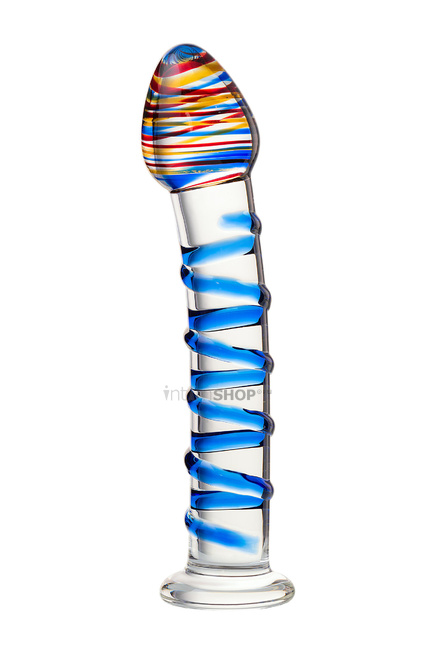 фото Фаллоимитатор Sexus Glass с синей спиралью и разноцветной головкой, бесцветный, 18 см