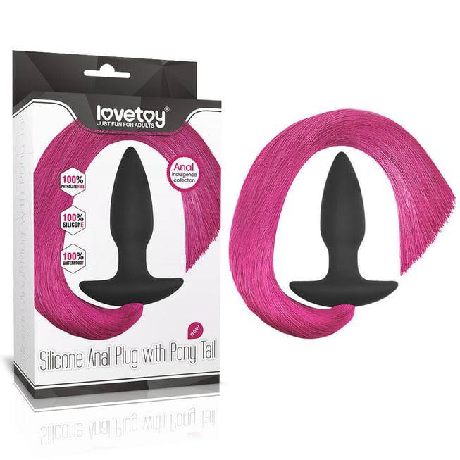 Анальная пробка LoveToy Pony Tail с розовым хвостом, черная от IntimShop