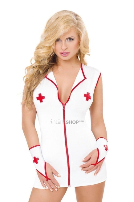 Костюм медсестры SoftLine Collection Sister (платье и перчатки), бело- красный, S/M от IntimShop