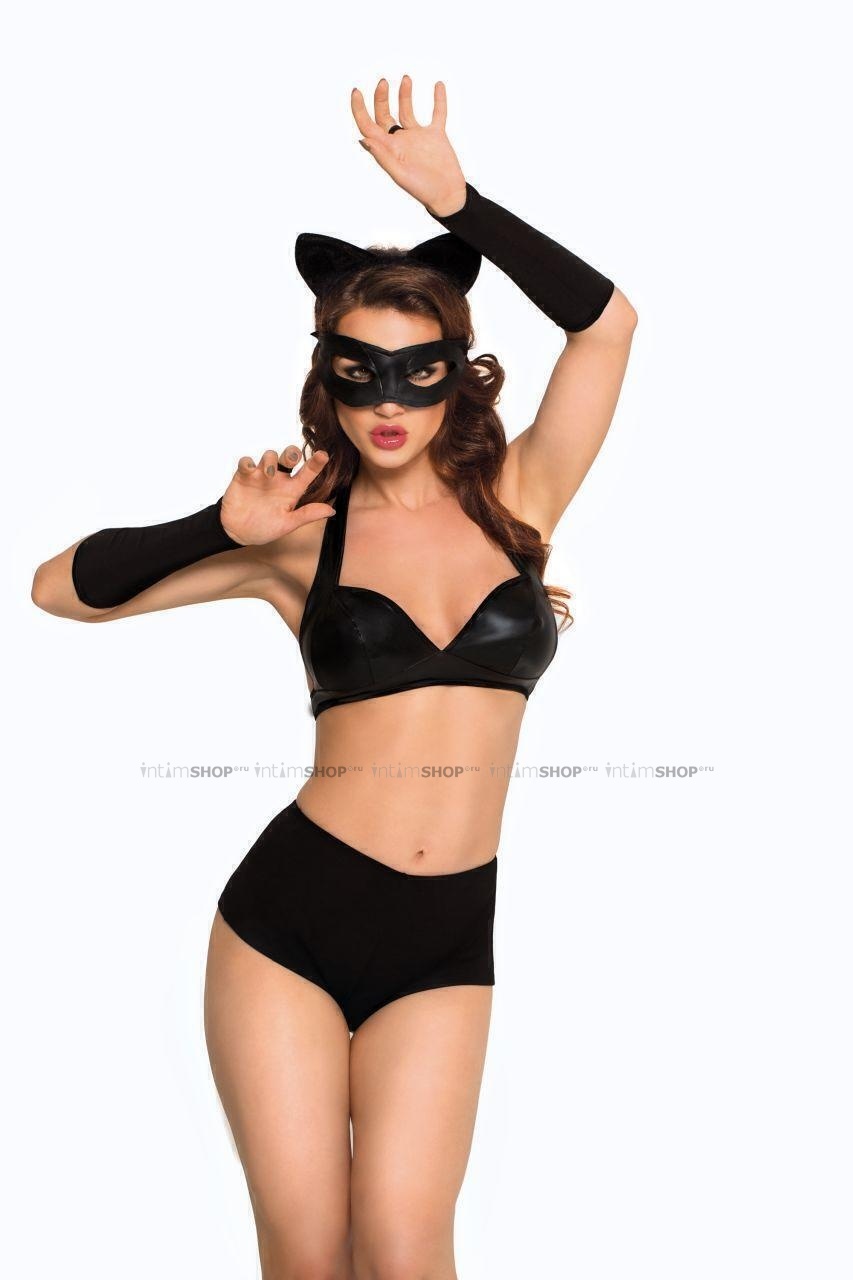 Костюм кошечки SoftLine Collection Catwoman (бюстгальтер, шортики, головной убор, маска и перчатки), чёрный, L
