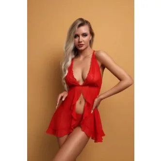 Сорочка с кружевом и застёжкой спереди и трусики Le Frivole Muse XXL-XXXL, красная