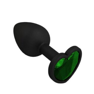 Анальная втулка Джага-Джага силиконовая, черная с  зеленым кристаллом сердце