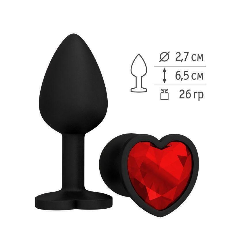 Анальная втулка Джага-Джага силиконовая, черная с  красным кристаллом сердце 
