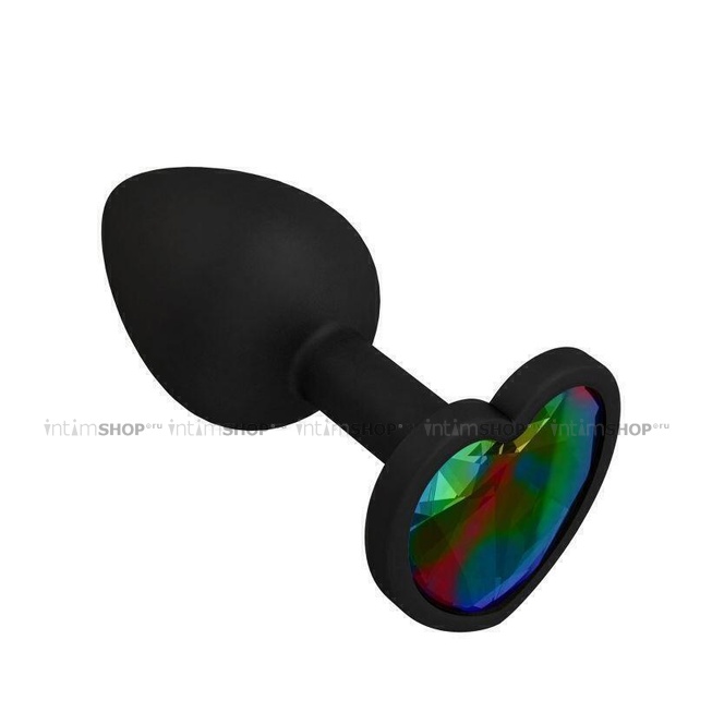 фото Анальная втулка Джага-Джага силиконовая, черная с  разноцветным кристаллом сердце 