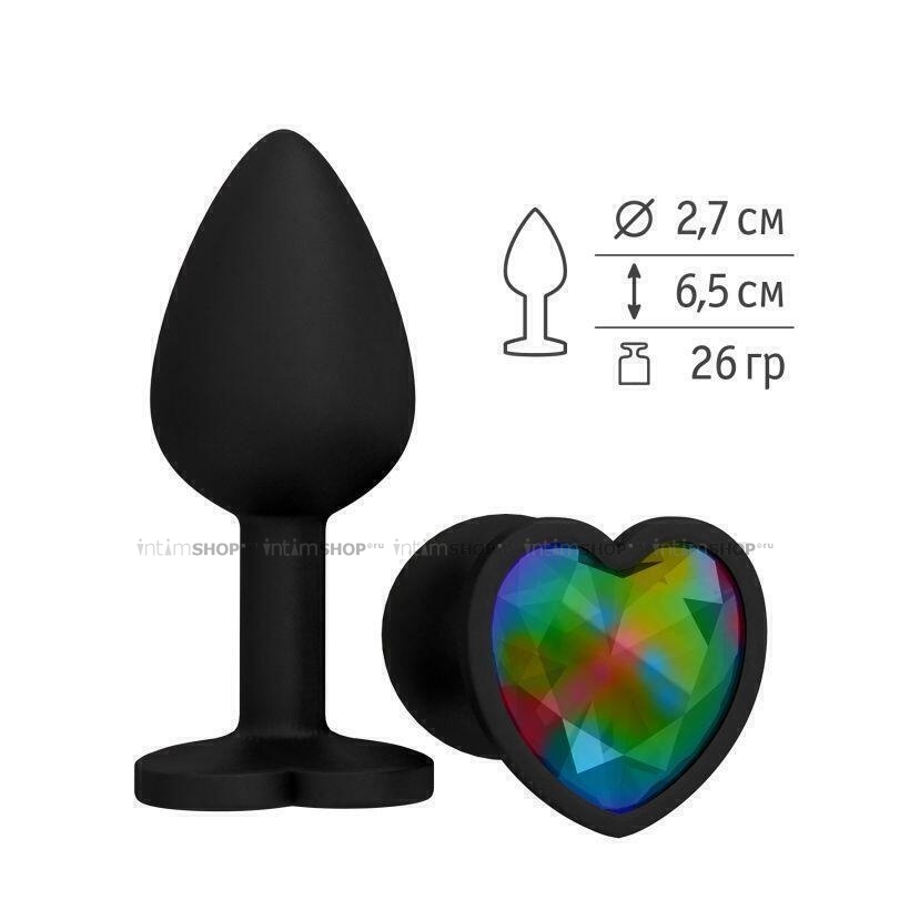 Анальная втулка Джага-Джага силиконовая, черная с  разноцветным кристаллом сердце 