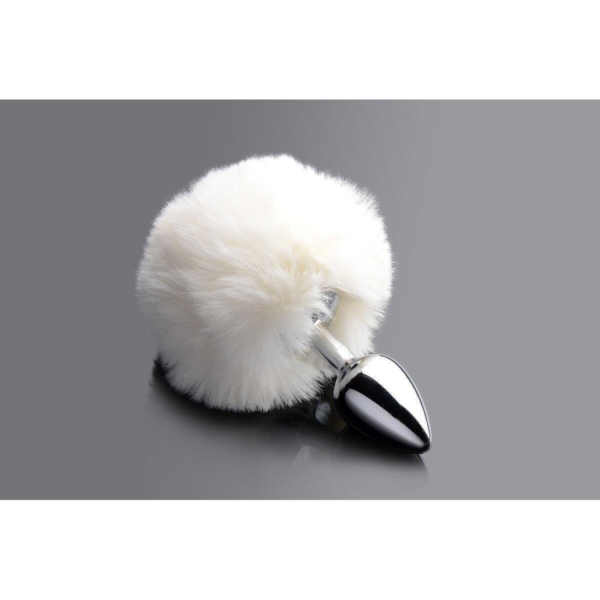 Анальная пробка с заячьим хвостиком XR Brands White Fluffy Bunny Tail, серебристый