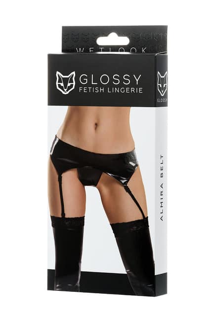 Комплект белья Glossy из материала Wetlook, черный, S от IntimShop