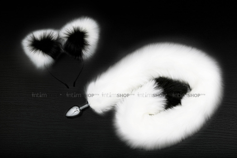 фото Анальная пробка Пикантные Штучки с чёрно-белым хвостом и ушками, серебристая, 7 см