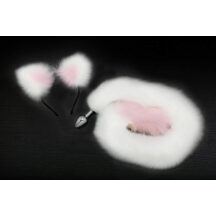 Анальная пробка Пикантные Штучки с бело-розовым хвостом и ушками, серебристая, 7 см