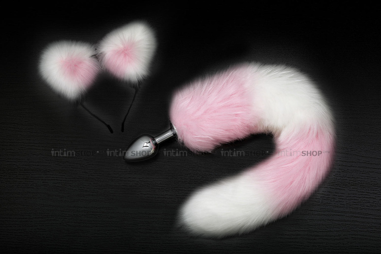 фото Анальная пробка Пикантные Штучки с бело-розовым хвостом и ушками, серебристая, 7 см