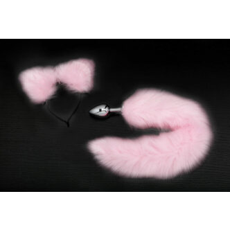Анальная пробка Пикантные Штучки с розовым хвостом и ушками, серебристая, 7 см