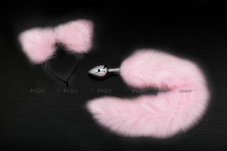 фото Анальная пробка Пикантные Штучки с розовым хвостом и ушками, серебристая, 7 смсм