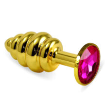 Анальная пробка ребристая LoveToys Butt Plug с розовым кристаллом, золотая